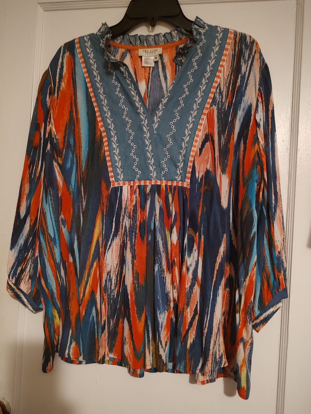 Tru Luxe Jeans Multi-Color Abstract Embroidered V-Neck Tunic